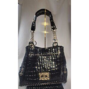 Vtg Y2K Kathy Van Zeeland Shoulder Tote Purse Bag Black Crocodile Embossed